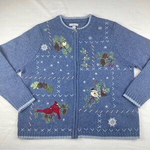 Croft & Barrow Sweater Womens PL Blue Full Zip Cardigan Birds Cardinal Winter